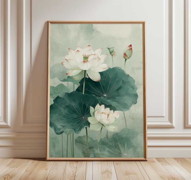 Lotus Flower Wall Art Print, Minimal Botanical Painting, Asian Zen Decor, Green Nature Illustration, Elegant Floral Artwork For Home - image 1