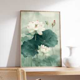 Lotus Flower Wall Art Print, Minimal Botanical Painting, Asian Zen Decor, Green Nature Illustration, Elegant Floral Artwork For Home - thumbnail 2