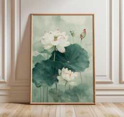 Lotus Flower Wall Art Print, Minimal Botanical Painting, Asian Zen Decor, Green Nature Illustration, Elegant Floral Artwork For Home - thumbnail 1