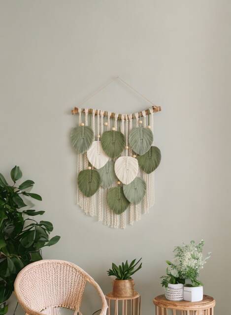 Green Leaves Macrame Wall Hanging, Feather, Farmhouse Decor, Minimalist Art, Boho Nursery Gift For The Home L33 - image 1