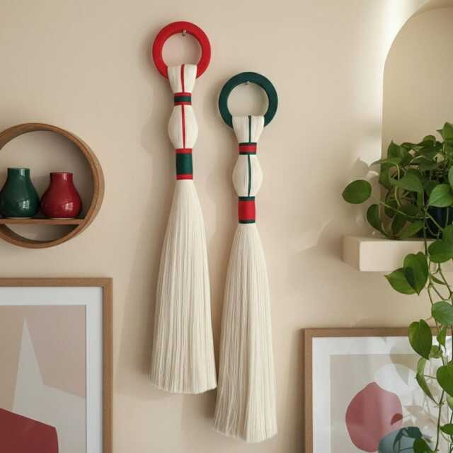 Boho Christmas Woven Wall Hanging Red & Green Cotton Tapestry - image 1