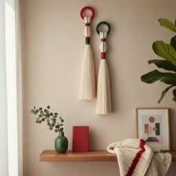 Boho Christmas Woven Wall Hanging Red & Green Cotton Tapestry - thumbnail 2