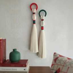 Boho Christmas Woven Wall Hanging Red & Green Cotton Tapestry - thumbnail 3
