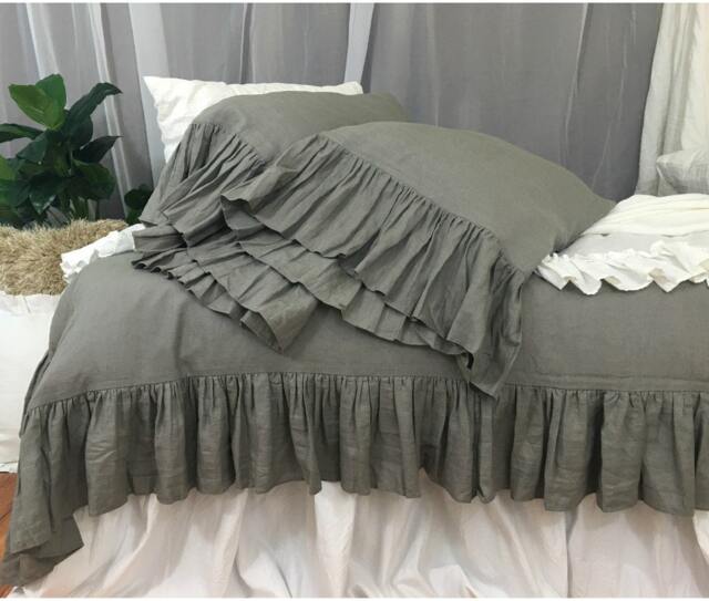 Shabby Chic Ruffled Duvet Cover With Mermaid Long Ruffle Style Handmade in Medium Grey Linen, Bedding, Shabby Chic Bedding - image 1
