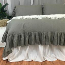 Shabby Chic Ruffled Duvet Cover With Mermaid Long Ruffle Style Handmade in Medium Grey Linen, Bedding, Shabby Chic Bedding - thumbnail 2