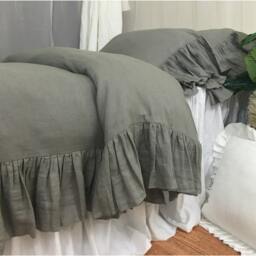 Shabby Chic Ruffled Duvet Cover With Mermaid Long Ruffle Style Handmade in Medium Grey Linen, Bedding, Shabby Chic Bedding - thumbnail 4