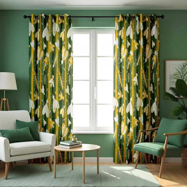 Tropical Curtains With Green Leaf Pattern, Modern Botanical Window Drapes, Made To Measure Panels For Home Decor - image 1