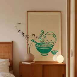 Ramen Cat Poster, Japanese Food Print, Minimal Kitchen Wall Art - thumbnail 2