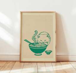 Ramen Cat Poster, Japanese Food Print, Minimal Kitchen Wall Art - thumbnail 1