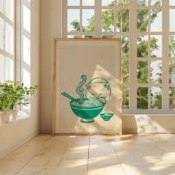 Ramen Cat Poster, Japanese Food Print, Minimal Kitchen Wall Art - thumbnail 4