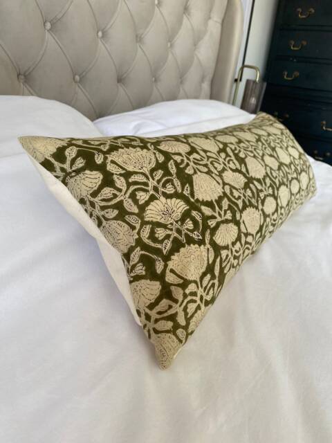Hand Printed Olive Green Bolster Pillow Cover, Linen Lumbar Cushion - image 1
