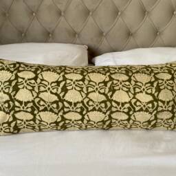 Hand Printed Olive Green Bolster Pillow Cover, Linen Lumbar Cushion - thumbnail 3