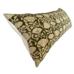Hand Printed Olive Green Bolster Pillow Cover, Linen Lumbar Cushion - thumbnail 4