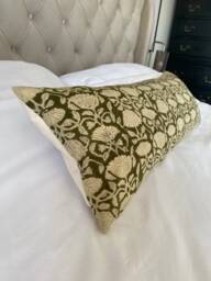 Hand Printed Olive Green Bolster Pillow Cover, Linen Lumbar Cushion - thumbnail 1