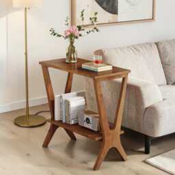 Solid Rubber Wood Narrow End Table, Modern 2-Tier Storage Shelf Side Table