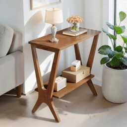 Solid Rubber Wood Narrow End Table, Modern 2-Tier Storage Shelf Side Table - thumbnail 3