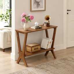 Solid Rubber Wood Narrow End Table, Modern 2-Tier Storage Shelf Side Table - thumbnail 2
