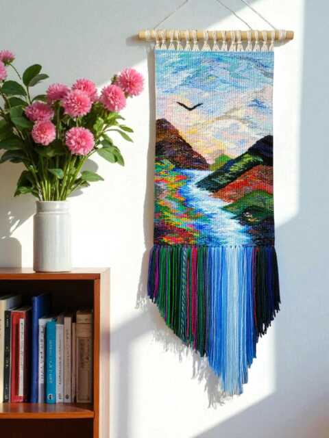 3D Woven Tapestry Wall Hanging Waterfall Clouds Landscape Art - image 1