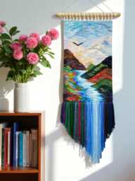 3D Woven Tapestry Wall Hanging Waterfall Clouds Landscape Art - thumbnail 1