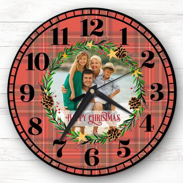 Christmas Tartan Family Photo Wreath Personalised Gift Clock - image 1