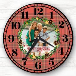 Christmas Tartan Family Photo Wreath Personalised Gift Clock