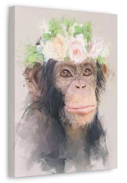 Chimpanzee Flower Crown Canvas Art Jungle Animal Print - image 1