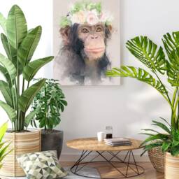Chimpanzee Flower Crown Canvas Art Jungle Animal Print - thumbnail 3