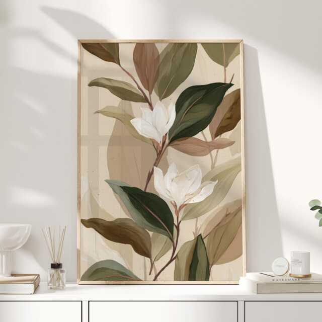 Neutral Botanical Print, Magnolia Wall Art, Beige Sage Green Floral Poster, Minimal Nature Decor For Bedroom, Living Room, Hallway - image 1