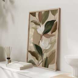 Neutral Botanical Print, Magnolia Wall Art, Beige Sage Green Floral Poster, Minimal Nature Decor For Bedroom, Living Room, Hallway - thumbnail 3