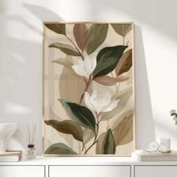Neutral Botanical Print, Magnolia Wall Art, Beige Sage Green Floral Poster, Minimal Nature Decor For Bedroom, Living Room, Hallway - thumbnail 1