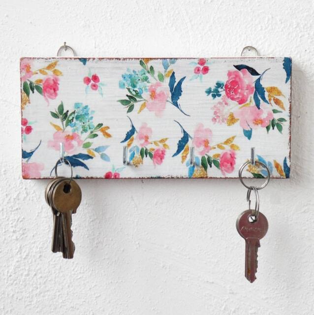 Boho Floral Key Rack, White Distressed Wood, Wall Decor - image 1