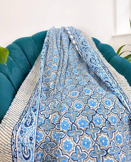 Kantha Stitch Pure Cotton Reversible Bed/Sofa Throw King Size - Handmade Handprinted Floral Dohar Persian Weave Petal Blue White Hue - image 1