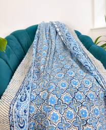 Kantha Stitch Pure Cotton Reversible Bed/Sofa Throw King Size - Handmade Handprinted Floral Dohar Persian Weave Petal Blue White Hue - thumbnail 1