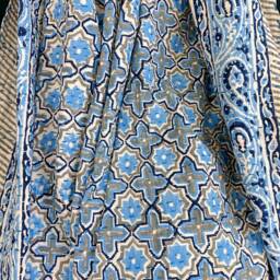 Kantha Stitch Pure Cotton Reversible Bed/Sofa Throw King Size - Handmade Handprinted Floral Dohar Persian Weave Petal Blue White Hue - thumbnail 3