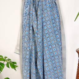 Kantha Stitch Pure Cotton Reversible Bed/Sofa Throw King Size - Handmade Handprinted Floral Dohar Persian Weave Petal Blue White Hue - thumbnail 2