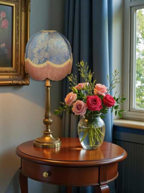 Blue Paisley Print Fabric Lampshade With Gold Fringe Handmade in The UK For Table & Floor Standard Lamp Shades, Ceiling Lights - image 1