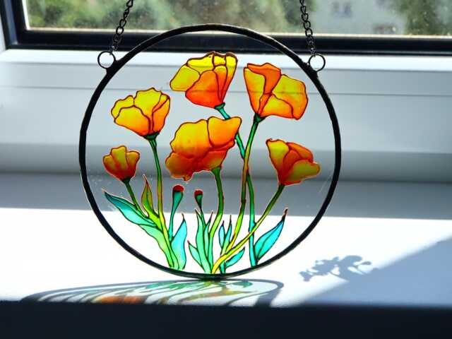 Hand Painted Poppy Stained Glass Window Hanging Gold Accent, Wall Art - image 1