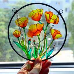 Hand Painted Poppy Stained Glass Window Hanging Gold Accent, Wall Art - thumbnail 2