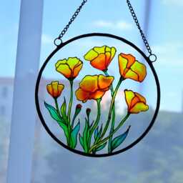 Hand Painted Poppy Stained Glass Window Hanging Gold Accent, Wall Art - thumbnail 3