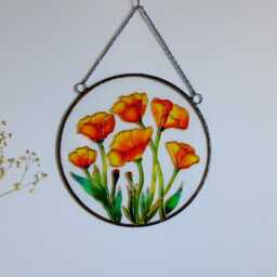 Hand Painted Poppy Stained Glass Window Hanging Gold Accent, Wall Art - thumbnail 4