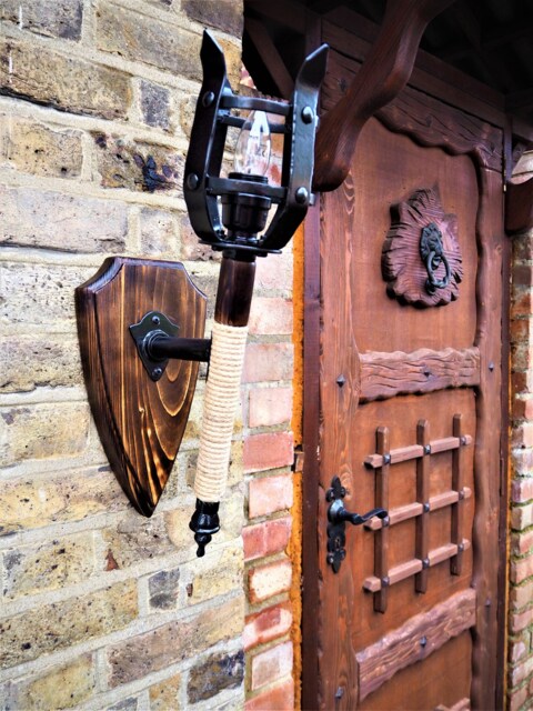 Wall Light, Wall Sconce, English Torch, Medieval Sconce Wrought Iron Sconces, Lantern, Old English, Shield & Torch - image 1