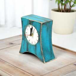 Rustic Wooden Mantel Clock Silent Brown Turquoise Patina - thumbnail 4