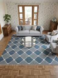 Contemporary Blue Handwoven Dhurrie Rug - Geometric Cotton Flatweave For Scandinavian & Coastal Interiors in Custom Options - thumbnail 1
