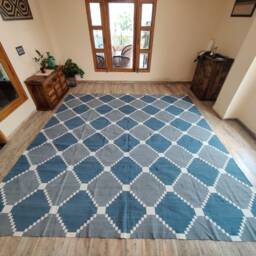 Contemporary Blue Handwoven Dhurrie Rug - Geometric Cotton Flatweave For Scandinavian & Coastal Interiors in Custom Options - thumbnail 2