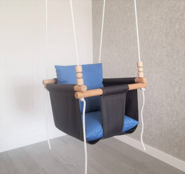Weatherproof Baby Swing Dark Grey With Blue Pillows, Indoor Outdoor - image 1