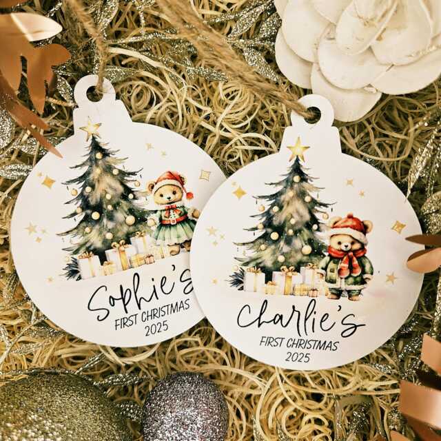 Babys 1st Christmas Ornament - Wooden Xmas Bauble 2025 Baby Name Keepsake Tree Gift Tag - image 1