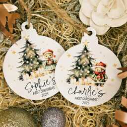 Babys 1st Christmas Ornament - Wooden Xmas Bauble 2025 Baby Name Keepsake Tree Gift Tag - thumbnail 1