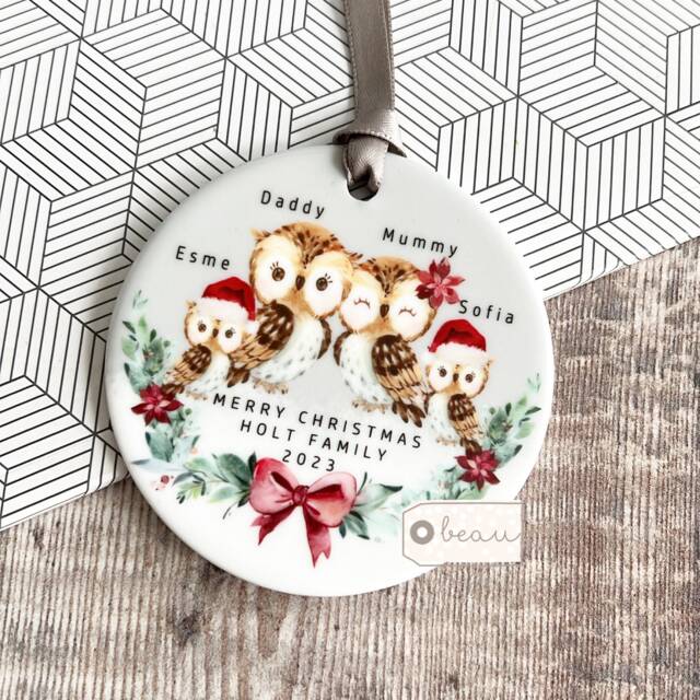 Personalised Family Christmas Woodland Owl Greenery Design Acrylic Or Ceramic Round Ornament Keepsake Tree Decoration Gift - image 1