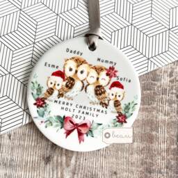 Personalised Family Christmas Woodland Owl Greenery Design Acrylic Or Ceramic Round Ornament Keepsake Tree Decoration Gift