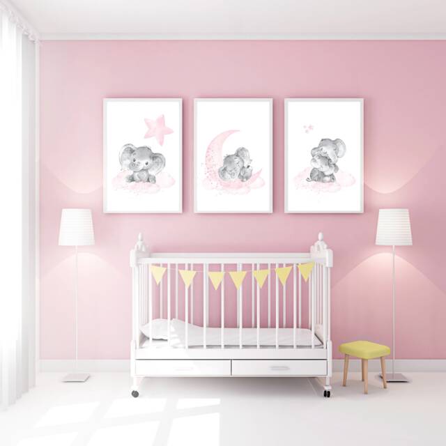 Elephant Nursery Art Print Pink & Gray Cloud & Stars Decor - image 1